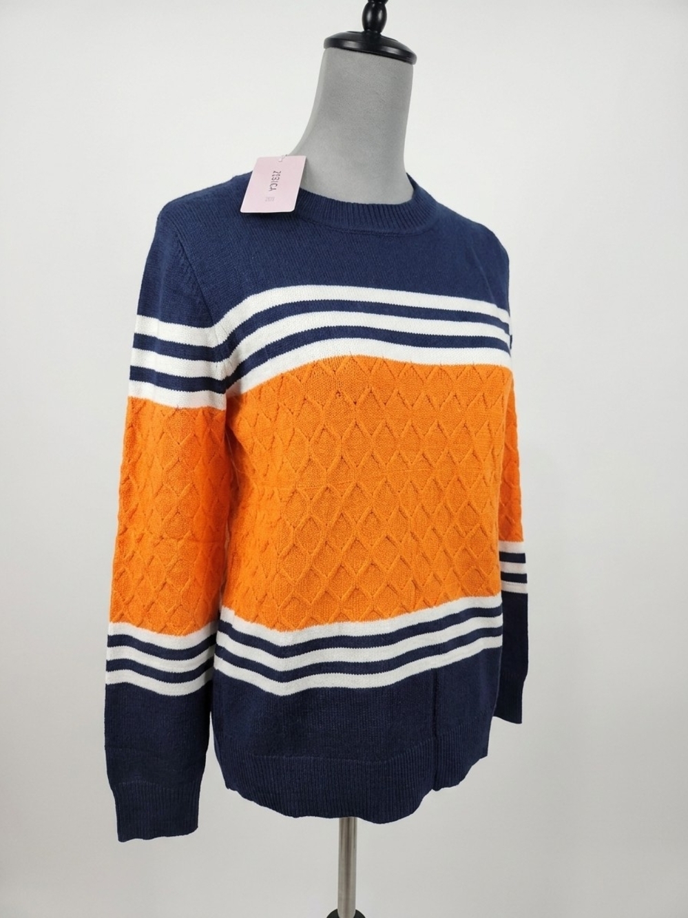 Women's Crewneck Striped Knit Sweater in Navy, Orange & White